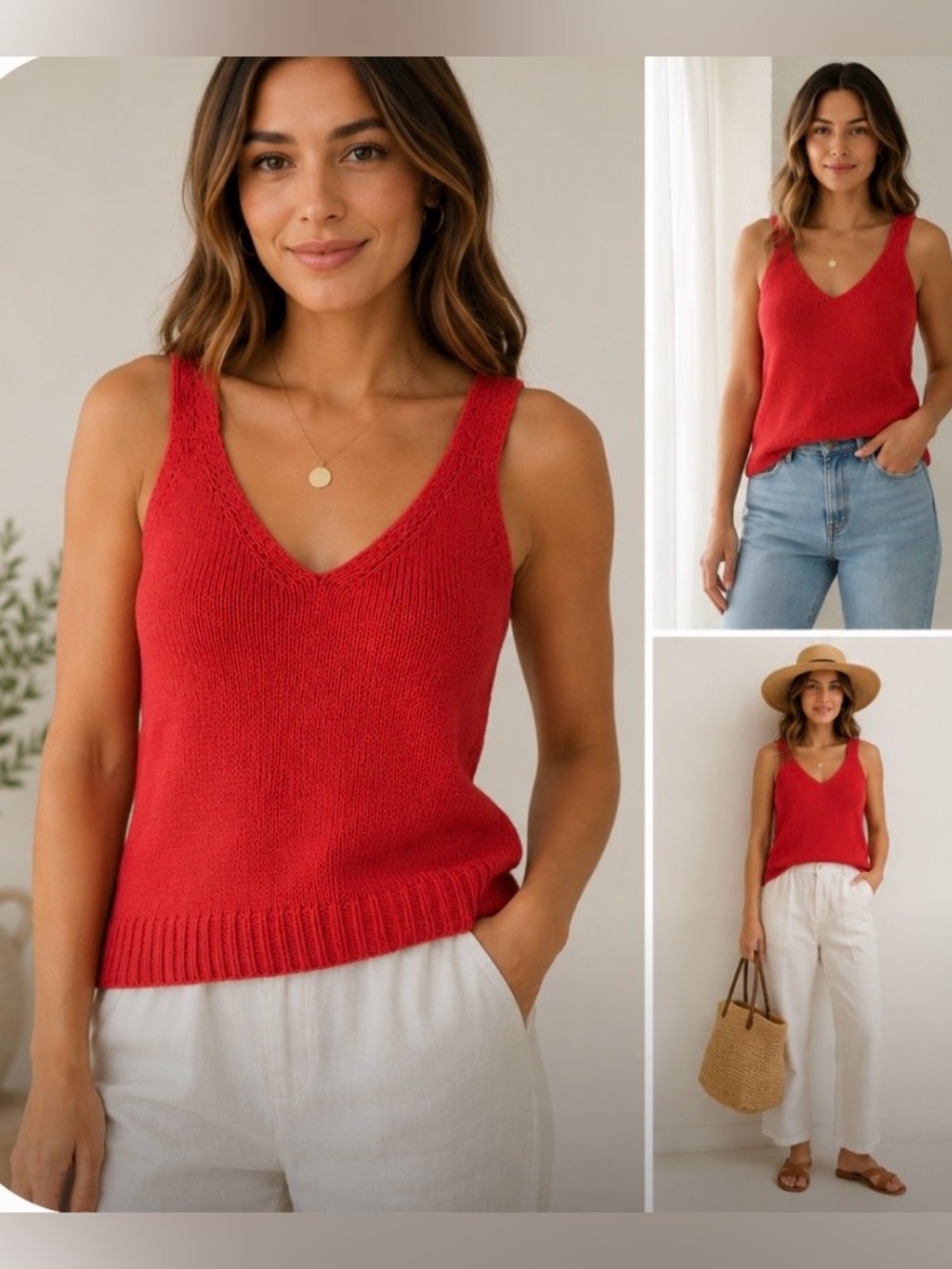 Madewell Crochet Strap Sweater Tank Top Coral Red Cotton Knit V Neck Women's S